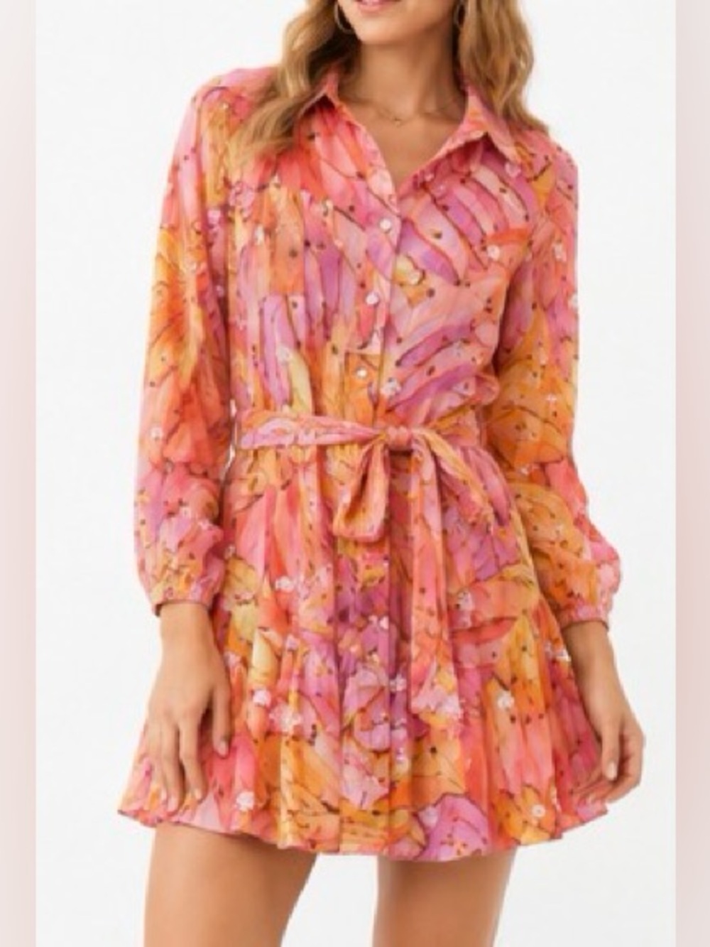 FARM Rio Pink Orange Floral Embroidered Belted Mini Dress